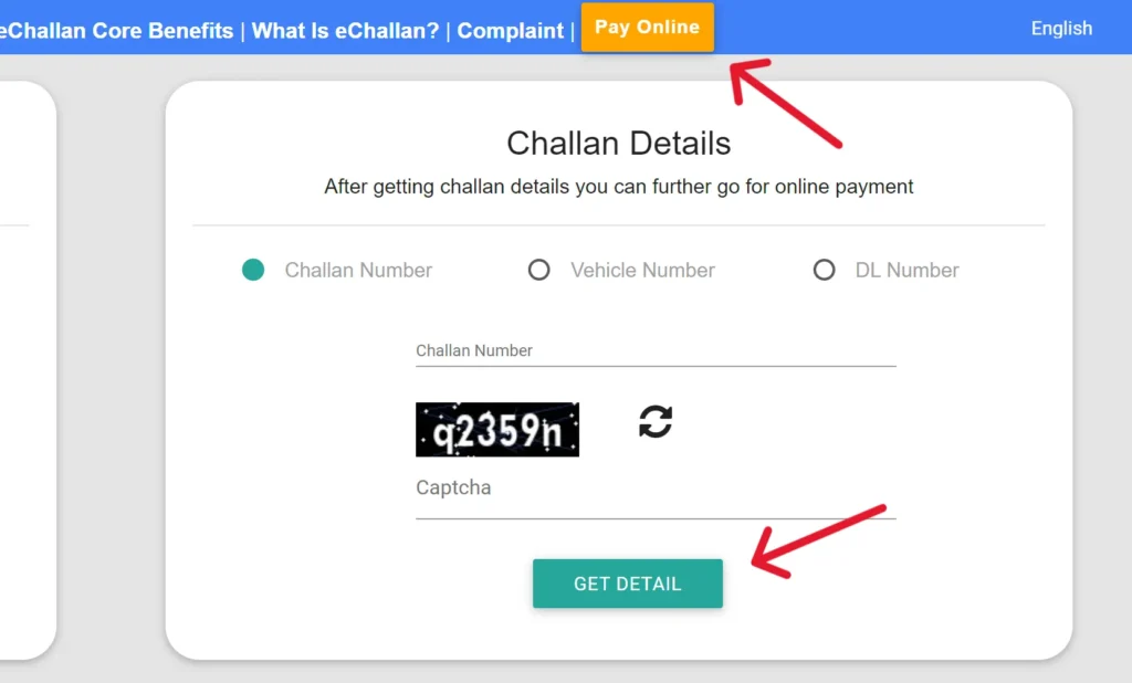 Check Challan Status form vehicle portal
